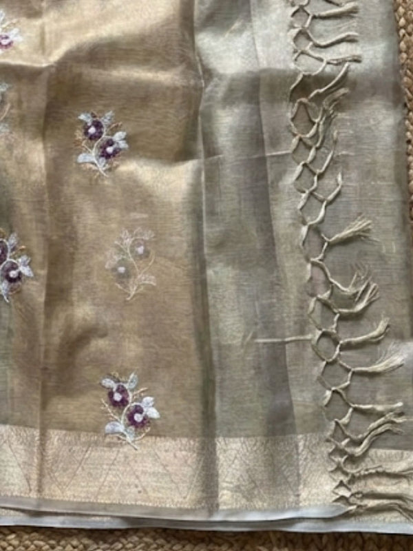 Indiehaat | Kota Doria Semi Silk Embroidery Saree Bronze