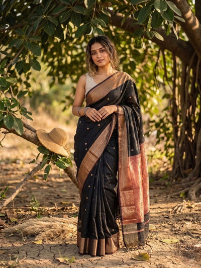 Maheshwari Silk Pure Handloom Saree Gentle Black (Last Piece Available)