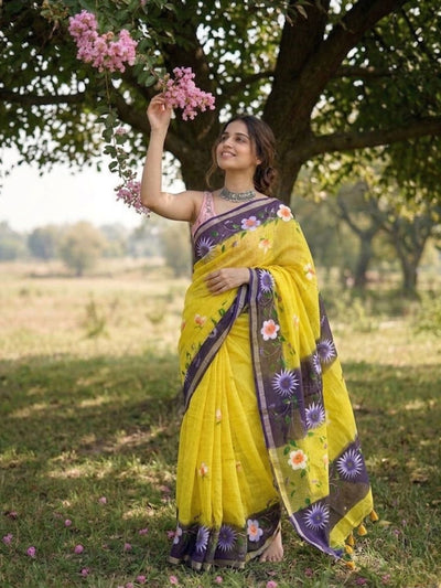 Handpainted Kota Doria Saree Yellow & Purple