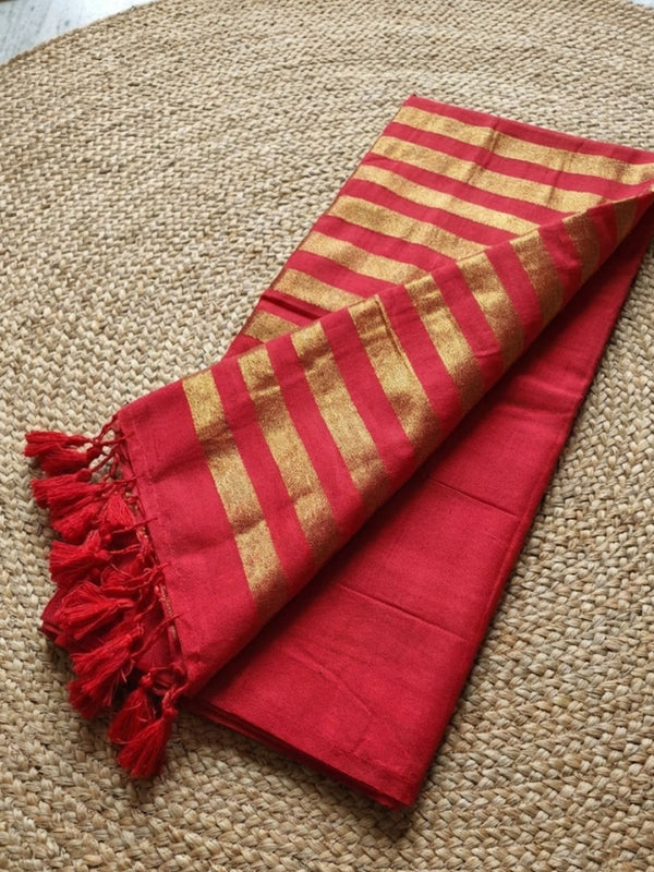 Indiehaat | Pure Cotton Zari Anchal Saree Red