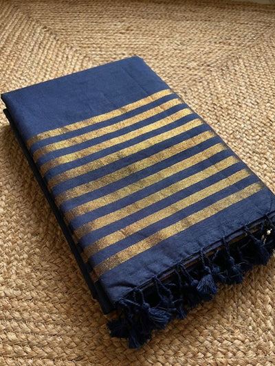 Indiehaat | Pure Cotton Zari Anchal Saree Blue