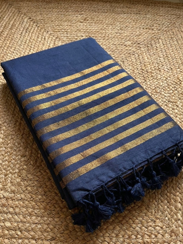 Indiehaat | Pure Cotton Zari Anchal Saree Blue