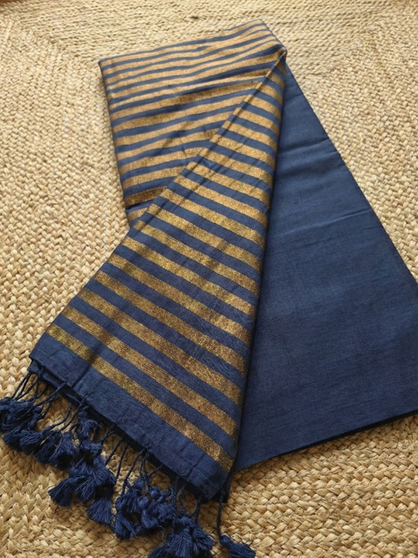 Indiehaat | Pure Cotton Zari Anchal Saree Blue