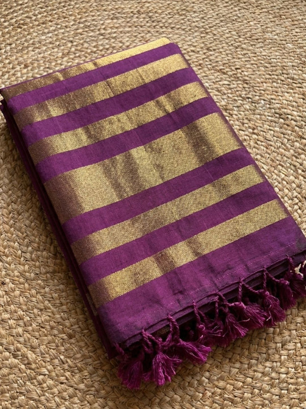 Indiehaat | Pure Cotton Zari Anchal Saree Purple