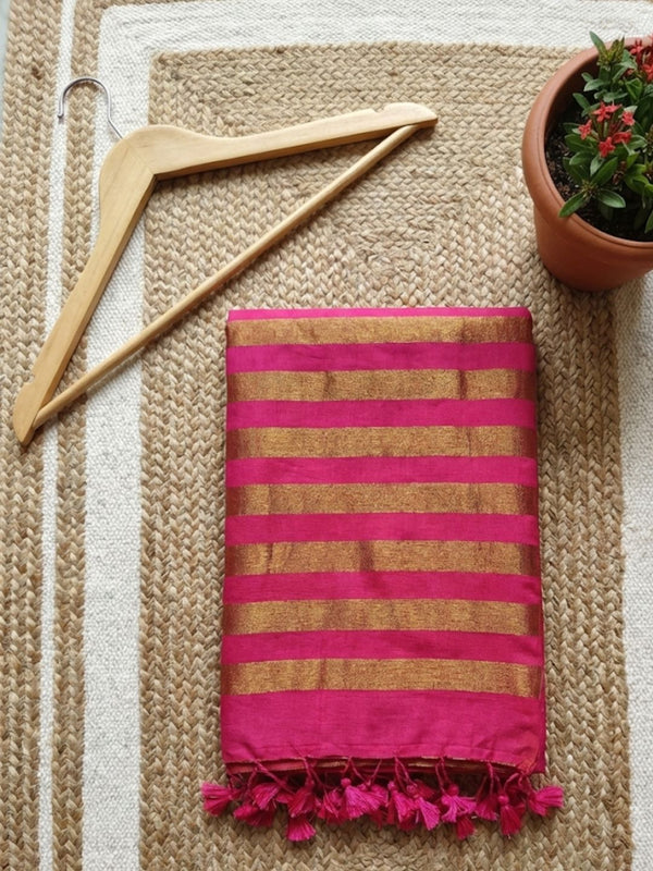 Indiehaat | Pure Cotton Zari Anchal Saree Pink