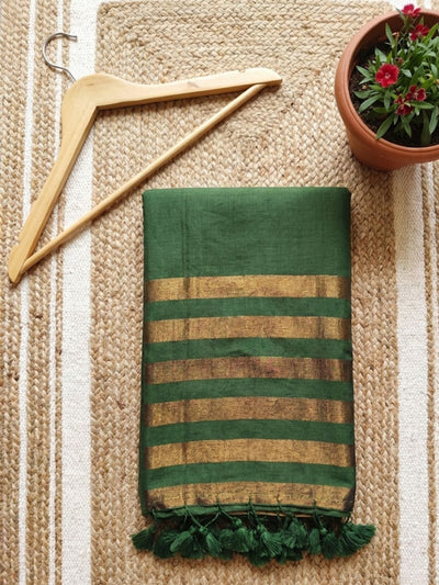 Indiehaat | Pure Cotton Zari Anchal Saree Green