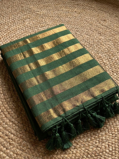 Indiehaat | Pure Cotton Zari Anchal Saree Green
