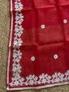 Indiehaat | Noil Kota Cotton Embroidery Saree Red