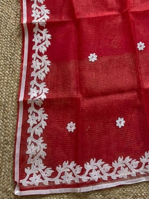 Indiehaat | Noil Kota Cotton Embroidery Saree Red