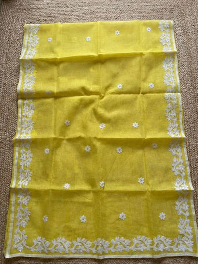 Indiehaat | Noil Kota Cotton Embroidery Saree Yellow