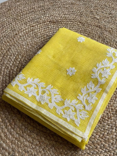 Indiehaat | Noil Kota Cotton Embroidery Saree Yellow