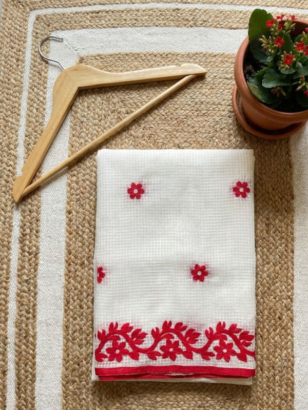 Indiehaat | Noil Kota Cotton Embroidery Saree White