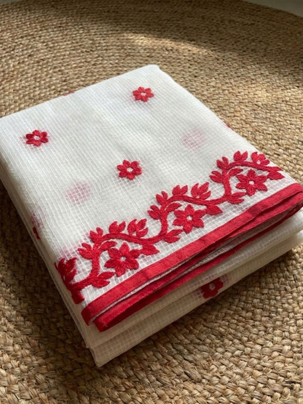 Indiehaat | Noil Kota Cotton Embroidery Saree White