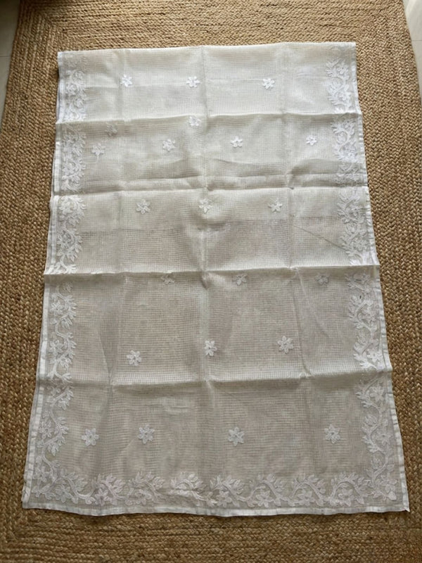 Indiehaat | Noil Kota Cotton Embroidery Saree White