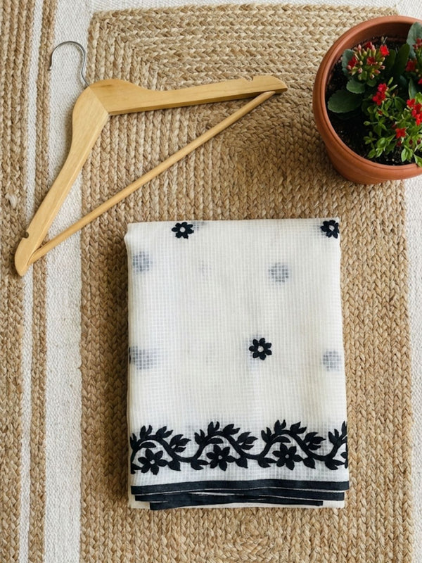 Indiehaat | Noil Kota Cotton Embroidery Saree White