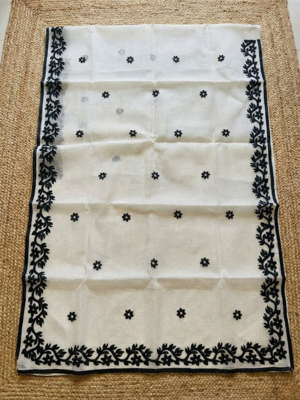 Indiehaat | Noil Kota Cotton Embroidery Saree White