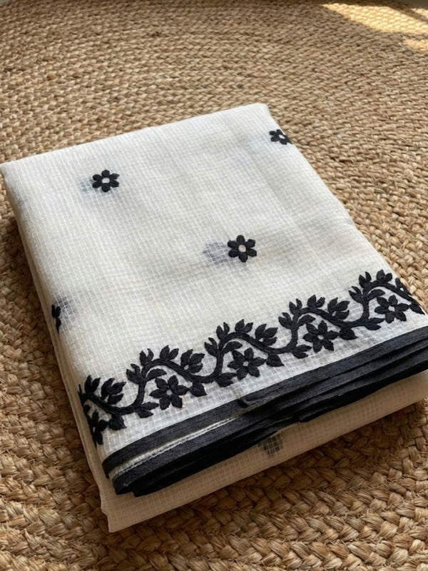 Indiehaat | Noil Kota Cotton Embroidery Saree White