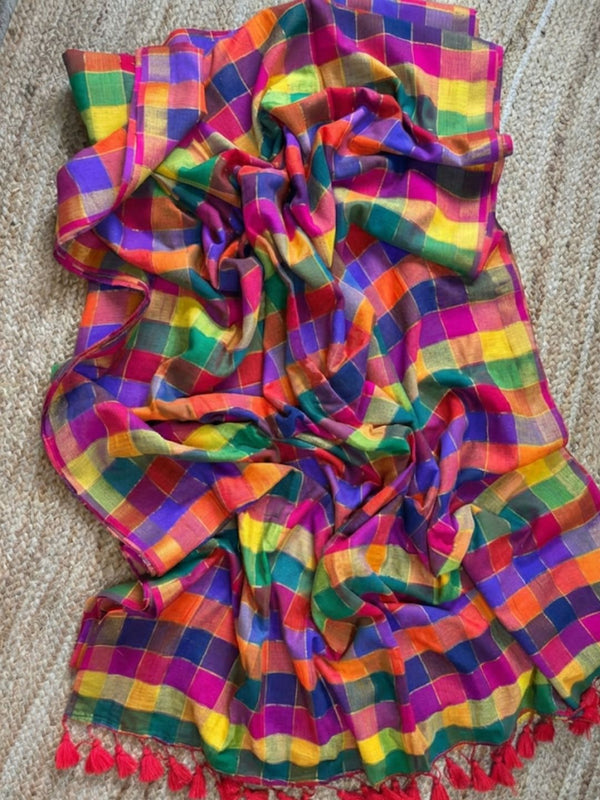 Indiehaat | Pure Handloom Mul Cotton Saree Multicolor