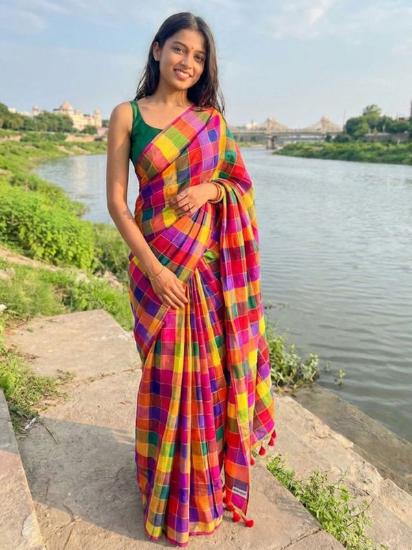 Indiehaat | Pure Handloom Mul Cotton Saree Multicolor