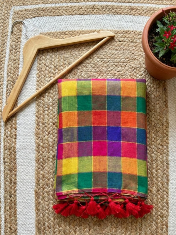 Indiehaat | Pure Handloom Mul Cotton Saree Multicolor