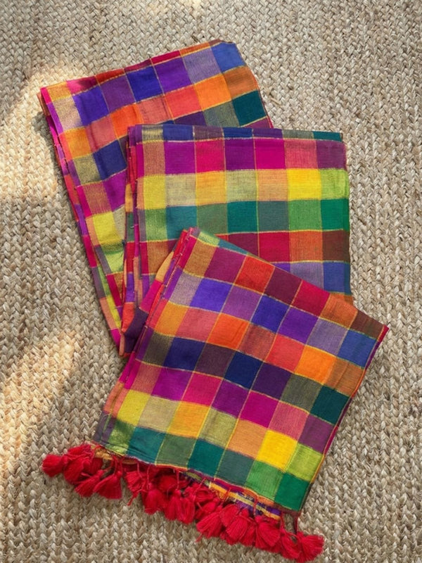 Indiehaat | Pure Handloom Mul Cotton Saree Multicolor