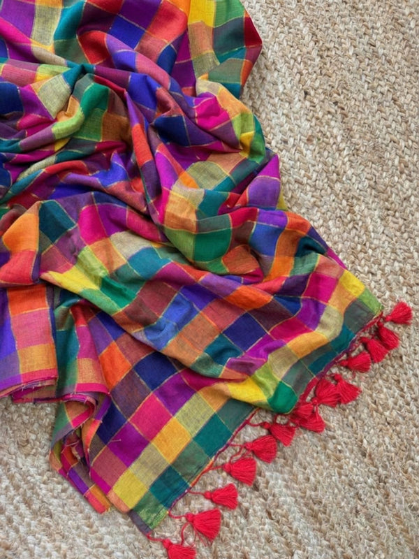 Indiehaat | Pure Handloom Mul Cotton Saree Multicolor