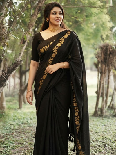 Zivanya Pure Handloom Mul Cotton Saree Black