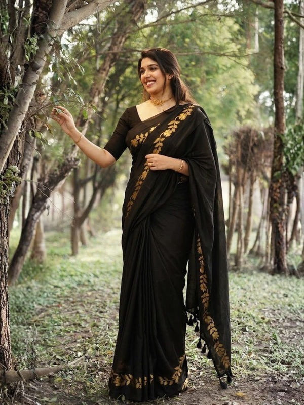 Indiehaat | Mul Cotton Border Zari Weaving Saree 