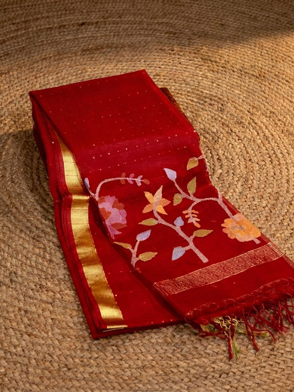 Indiehaat | Muslin Silk Jamdani Handwork Saree Red