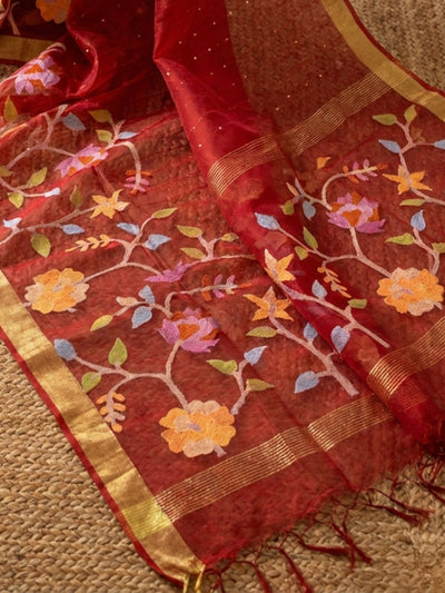 Indiehaat | Muslin Silk Jamdani Handwork Saree Red