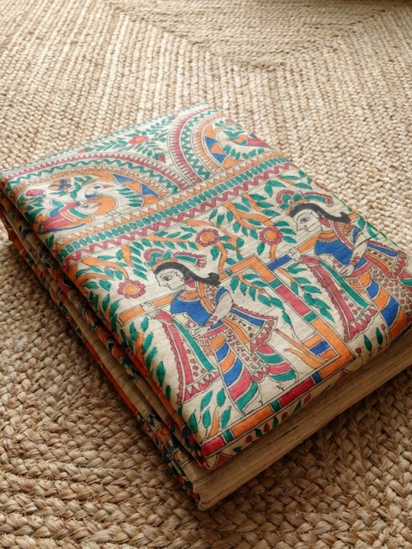 Indiehaat | Ghicha Tussar Madhubani Silk Saree Beige