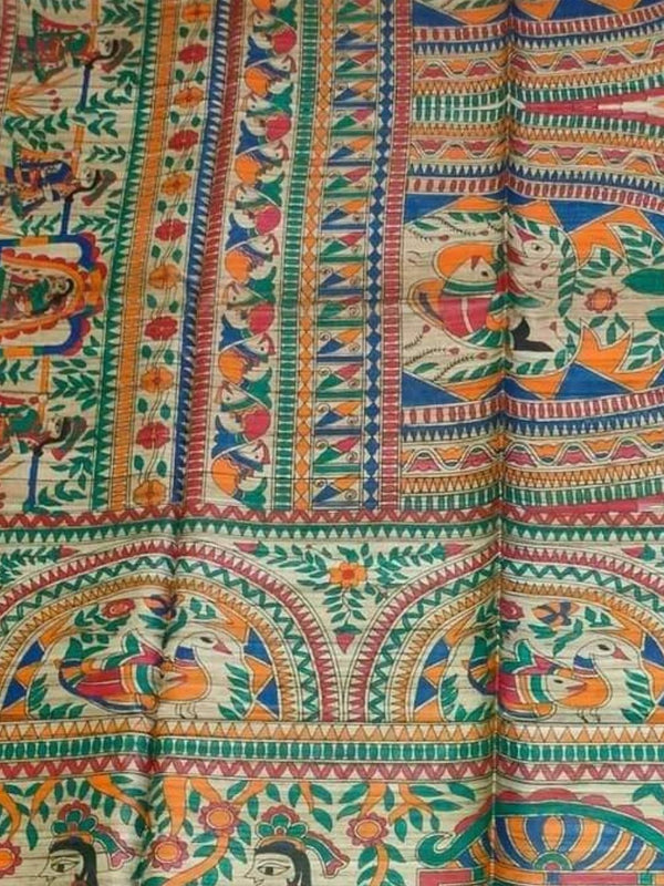Indiehaat | Ghicha Tussar Madhubani Silk Saree Beige