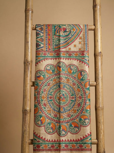 Indiehaat | Ghicha Tussar Madhubani Silk Saree Beige