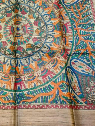 Indiehaat | Ghicha Tussar Madhubani Silk Saree Beige
