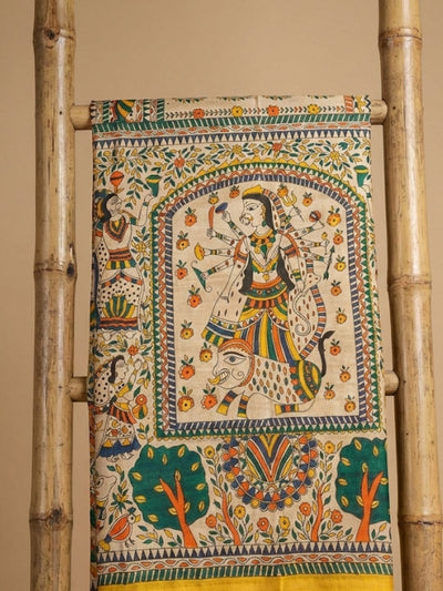 Indiehaat | Ghicha Tussar Madhubani Silk Saree Beige