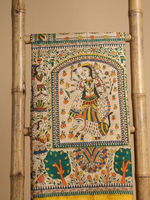 Indiehaat | Ghicha Tussar Madhubani Silk Saree Beige
