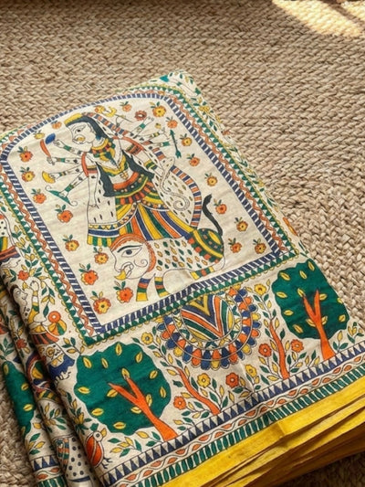 Indiehaat | Ghicha Tussar Madhubani Silk Saree Beige