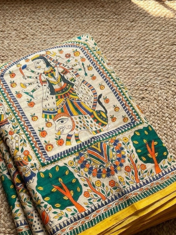 Indiehaat | Ghicha Tussar Madhubani Silk Saree Beige