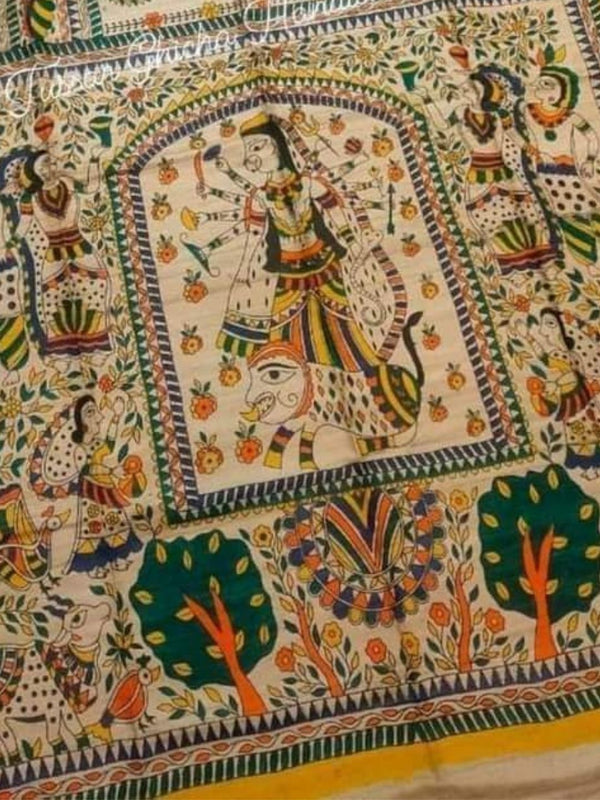 Indiehaat | Ghicha Tussar Madhubani Silk Saree Beige