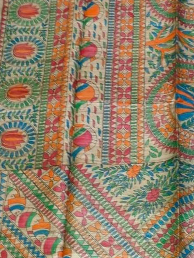 Indiehaat | Ghicha Tussar Madhubani Silk Saree Beige