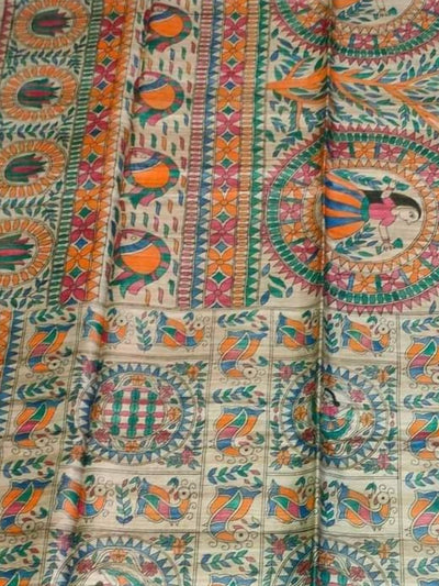 Indiehaat | Ghicha Tussar Madhubani Silk Saree Beige
