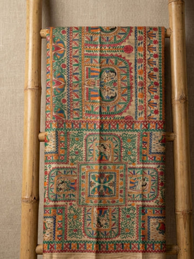 Indiehaat | Ghicha Tussar Madhubani Silk Saree Beige