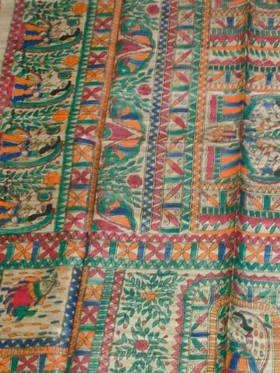 Indiehaat | Ghicha Tussar Madhubani Silk Saree Beige