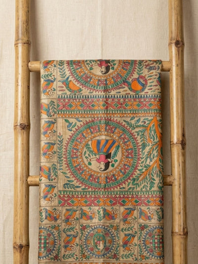 Indiehaat | Ghicha Tussar Madhubani Silk Saree Beige