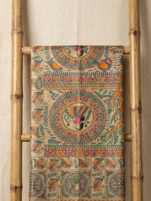 Indiehaat | Ghicha Tussar Madhubani Silk Saree Beige