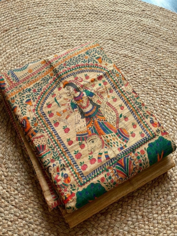 Indiehaat | Ghicha Tussar Madhubani Silk Saree Beige