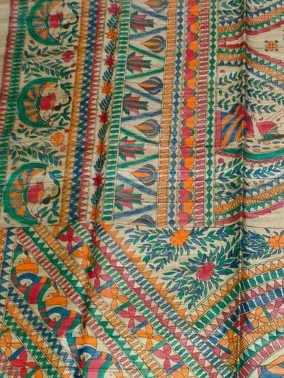 Indiehaat | Ghicha Tussar Madhubani Silk Saree Beige