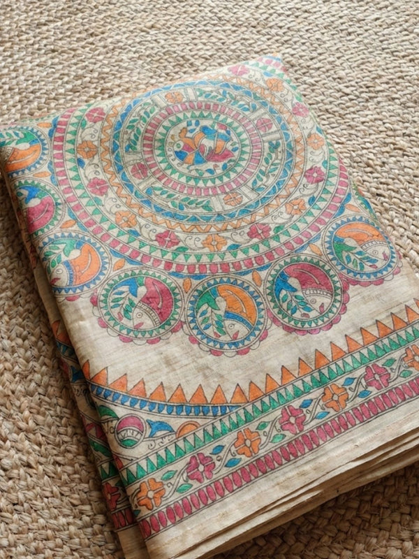 Indiehaat | Ghicha Tussar Madhubani Silk Saree Beige