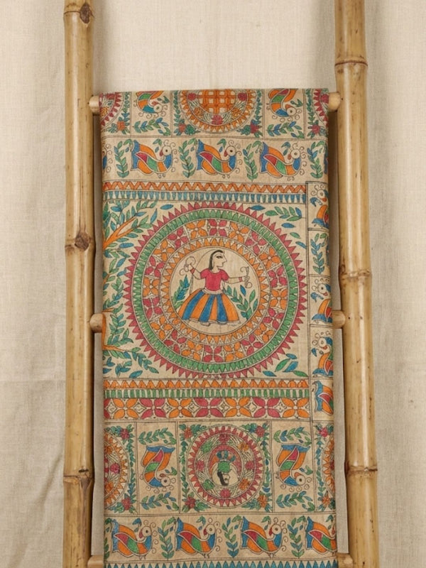 Indiehaat | Ghicha Tussar Madhubani Silk Saree Beige