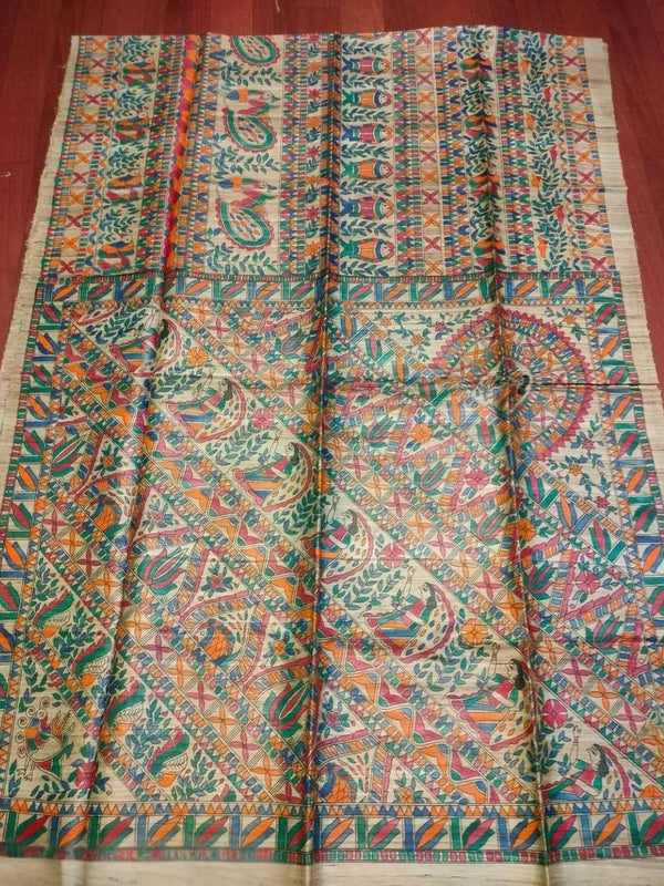 Indiehaat | Ghicha Tussar Madhubani Silk Saree Beige